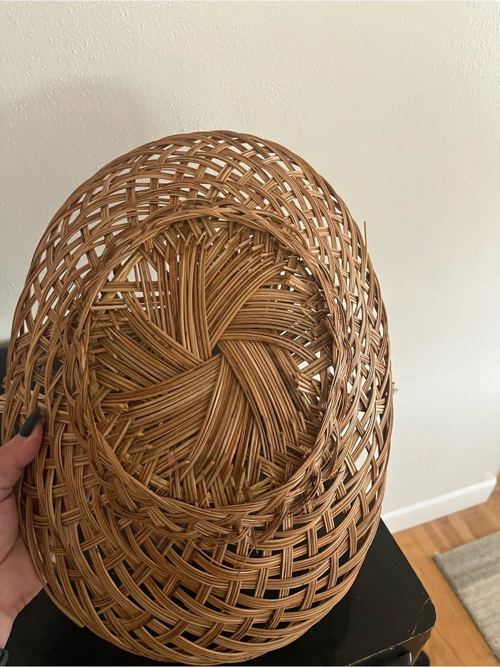 Authentic Vintage Rattan Handled Basket with Blue Lining and Decorative Floral